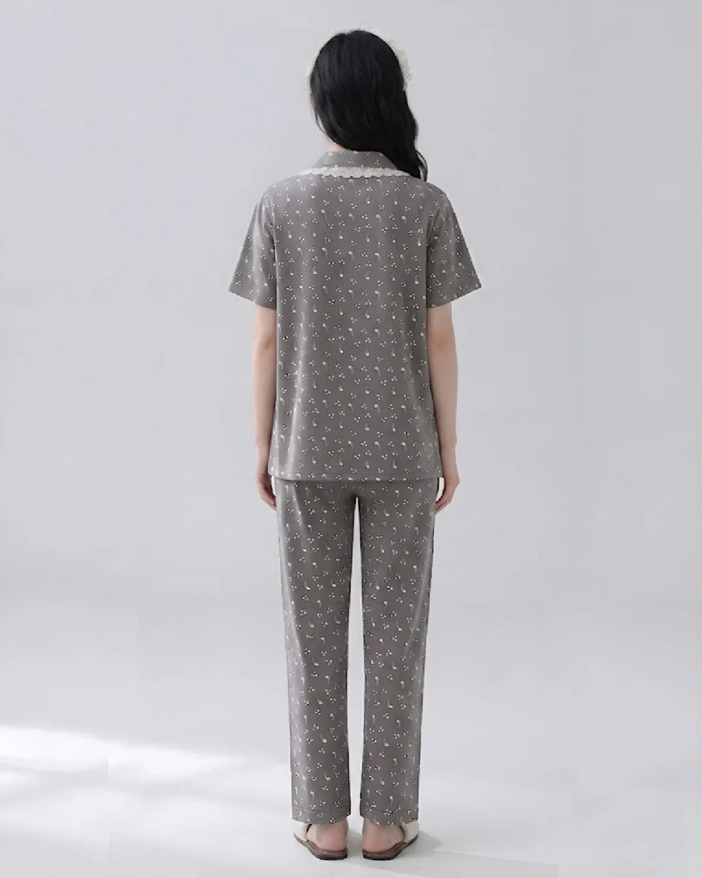 2 Piece Printed Cotton PJ Set Back Grey - Bespose