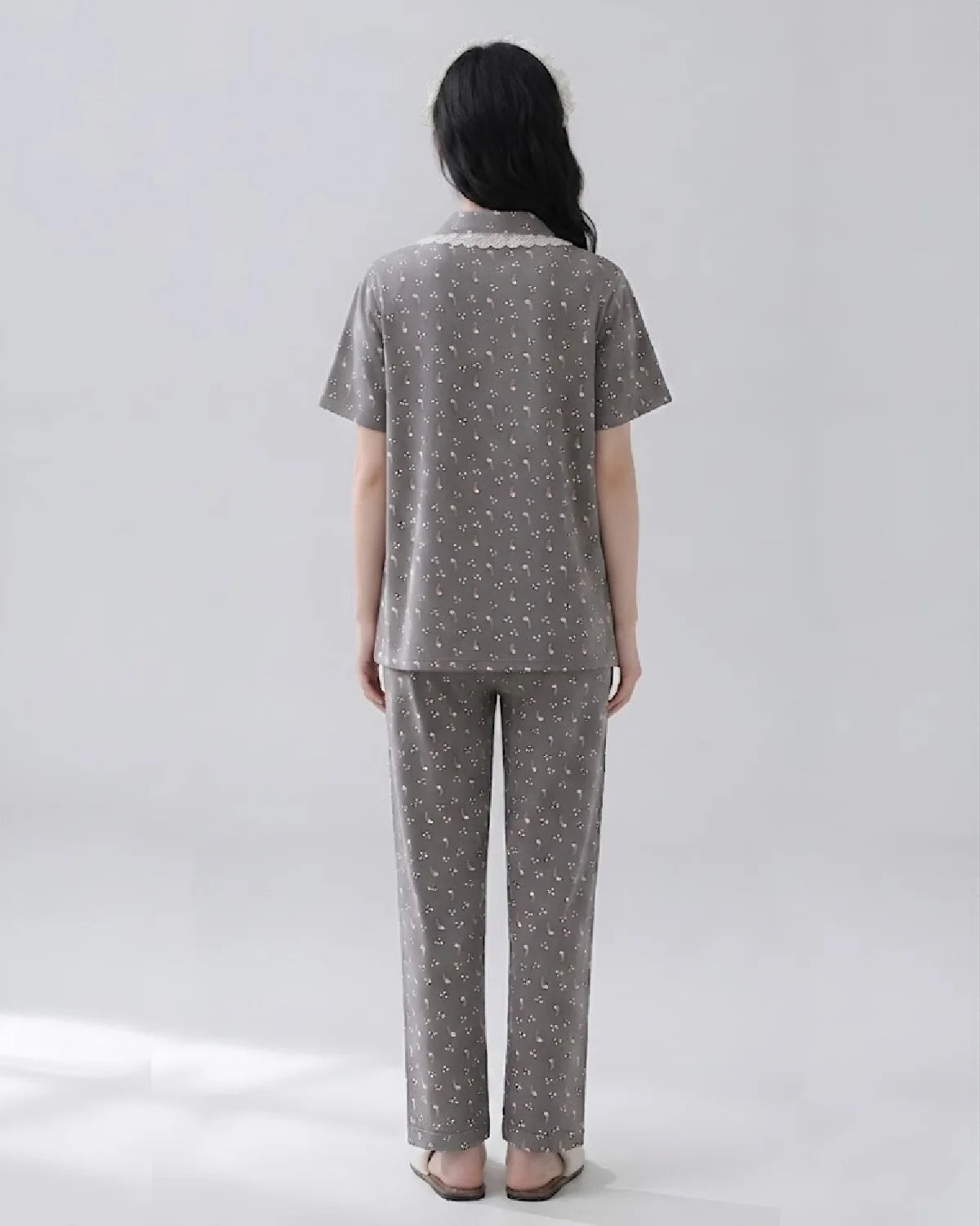 2 Piece Printed Cotton PJ Set Back Grey - Bespose