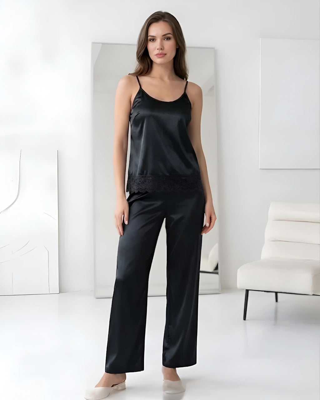 Black Intimate 3 Piece Silk Nighty Set Front View - Bespose