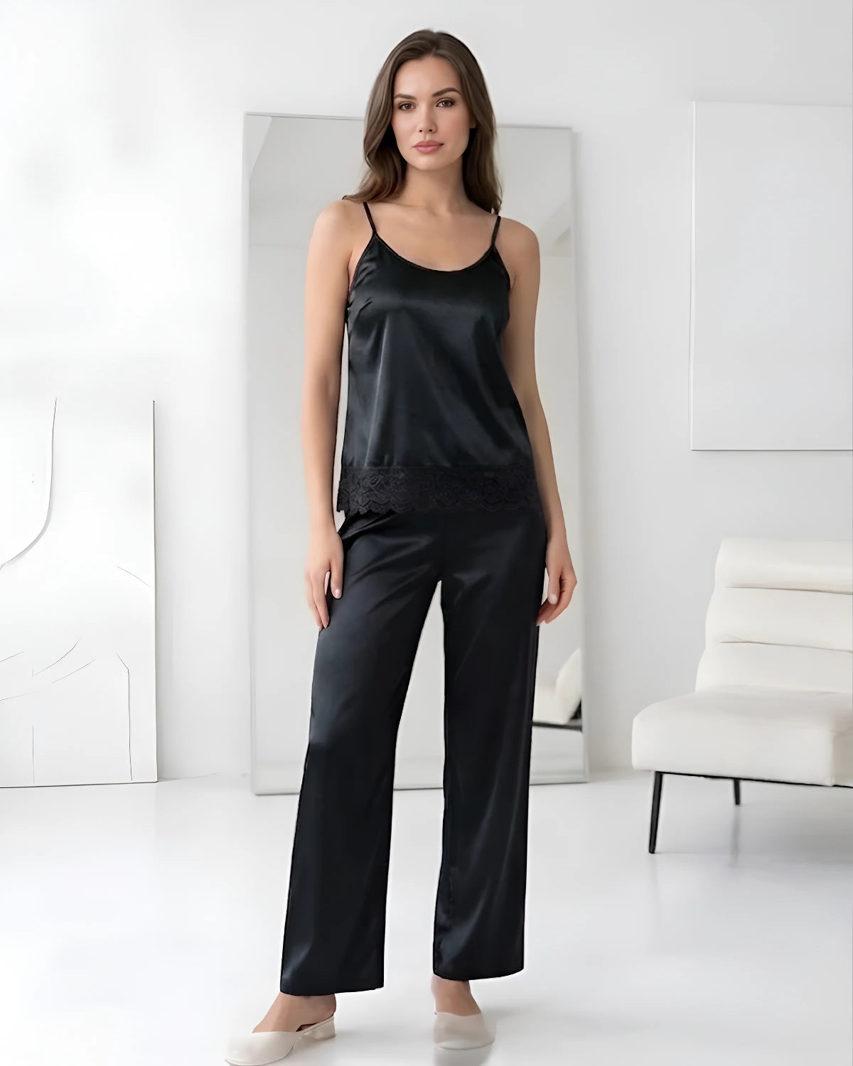 Black Intimate 3 Piece Silk Nighty Set Front View - Bespose