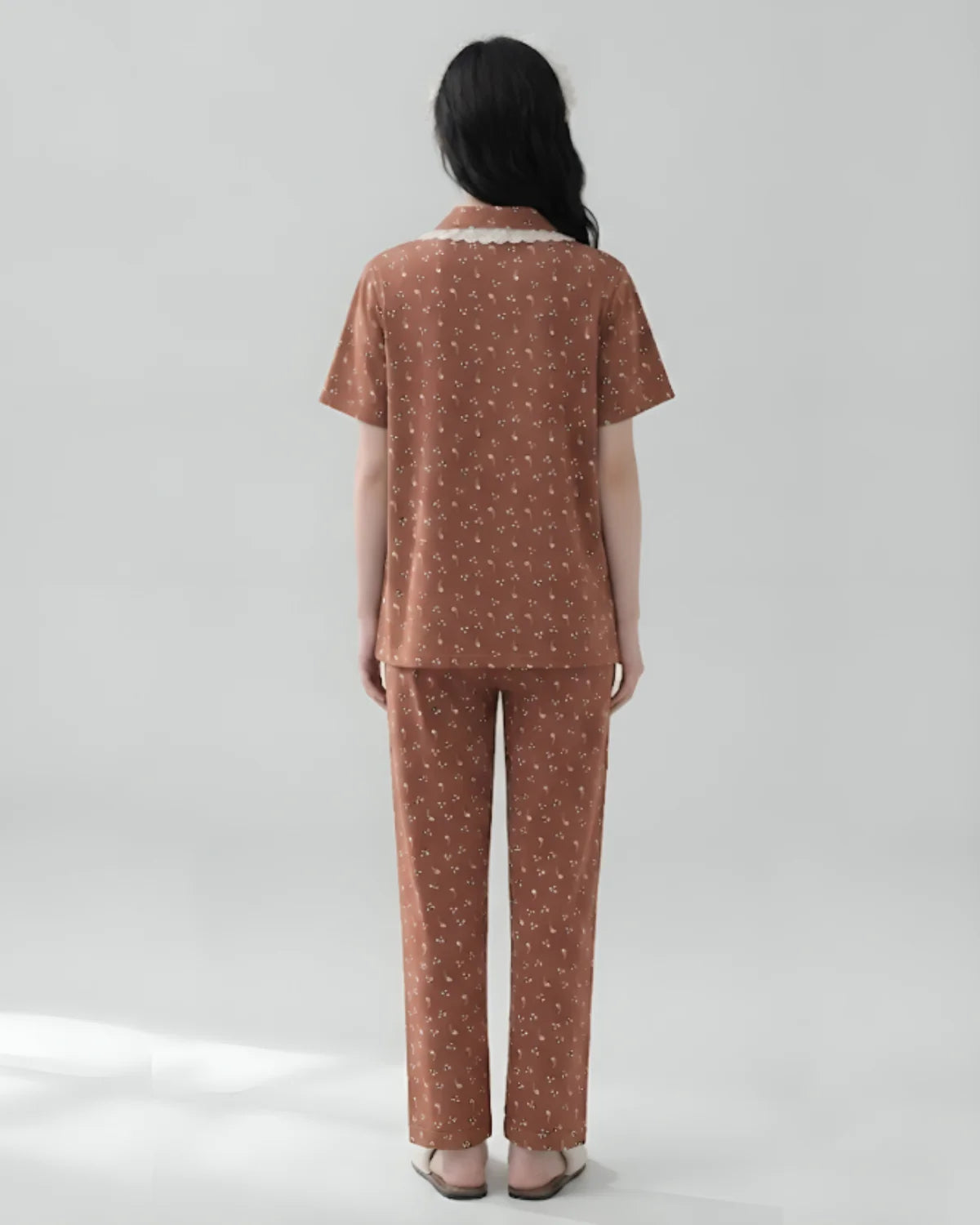 Brown 2 Piece Printed Cotton PJ Set Back - Bespose