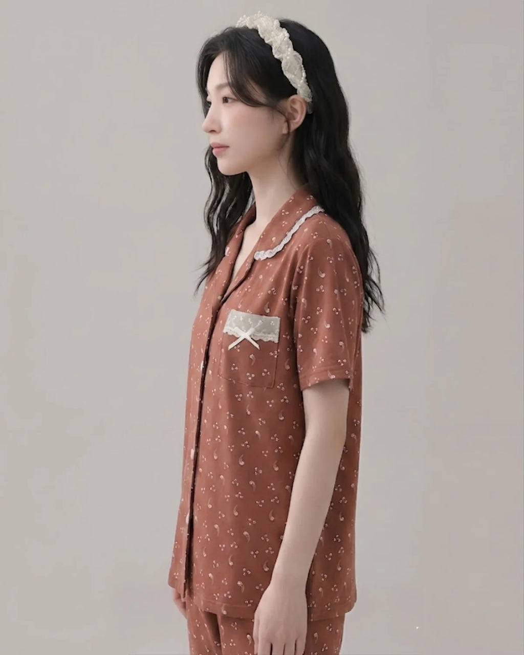 Brown 2 Piece Printed Cotton PJ Set Closeup - Bespose