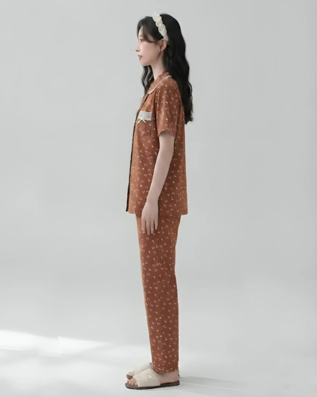 Brown 2 Piece Printed Cotton PJ Set Side View - Bespose