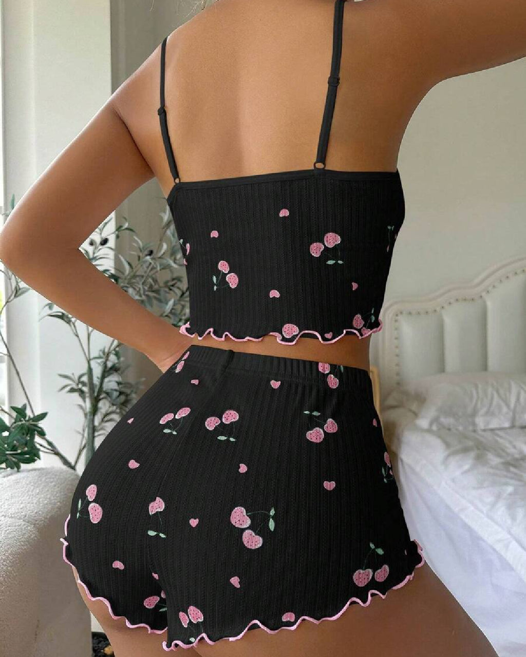 Cherry Blossom Shorts Cami Set Black Back - Bespose
