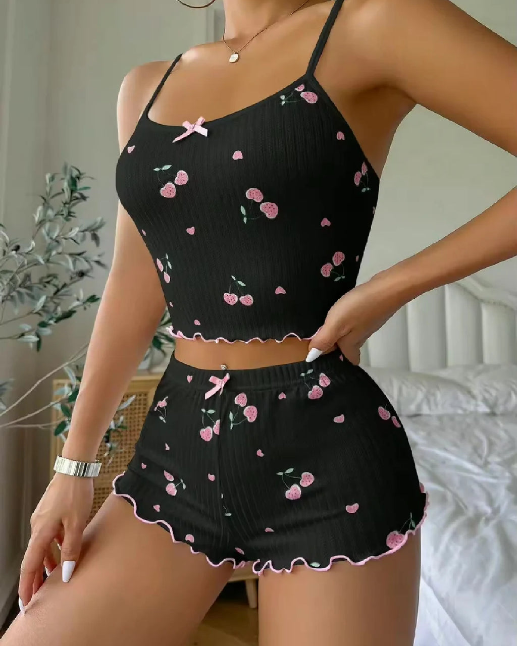 Cherry Blossom Shorts Cami Set Black Front - Bespose