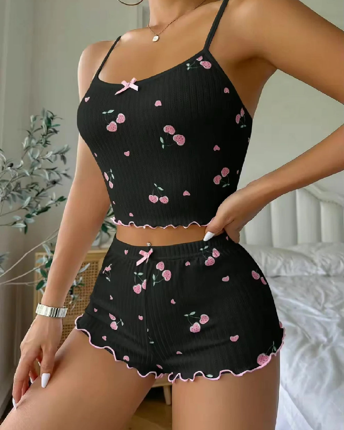 Cherry Blossom Shorts Cami Set Black Front - Bespose
