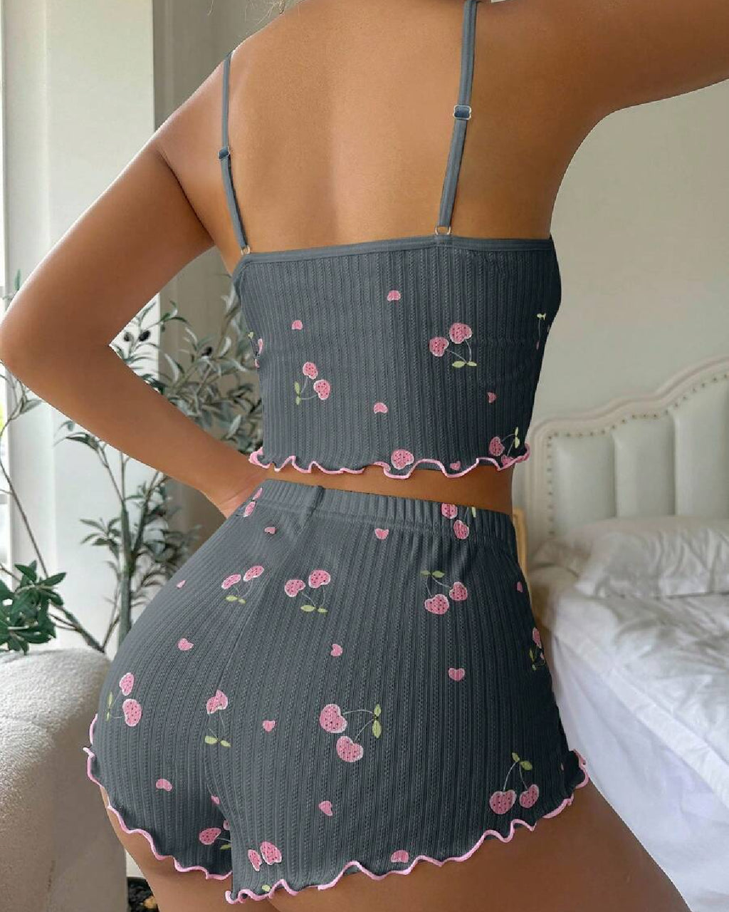 Cherry Blossom Shorts Cami Set Grey Back - Bespose