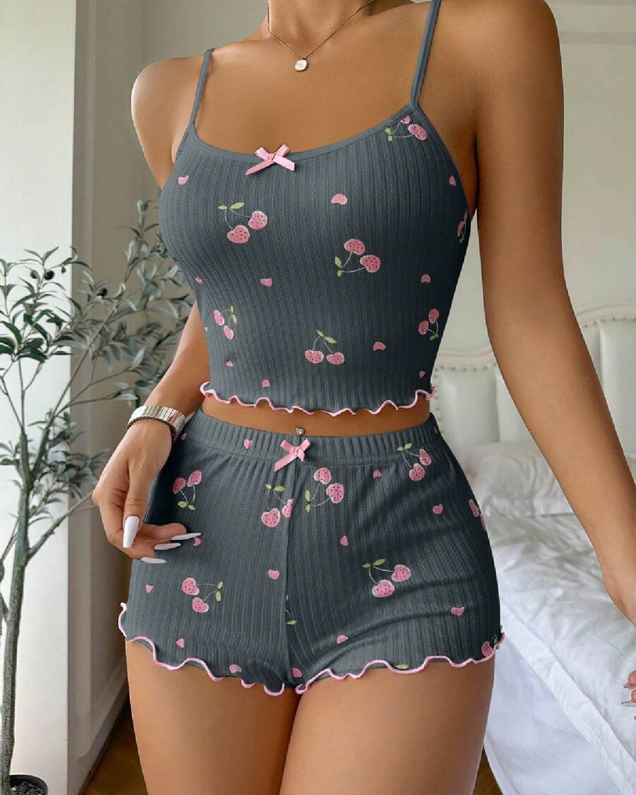 Cherry Blossom Shorts Cami Set Grey Front - Bespose