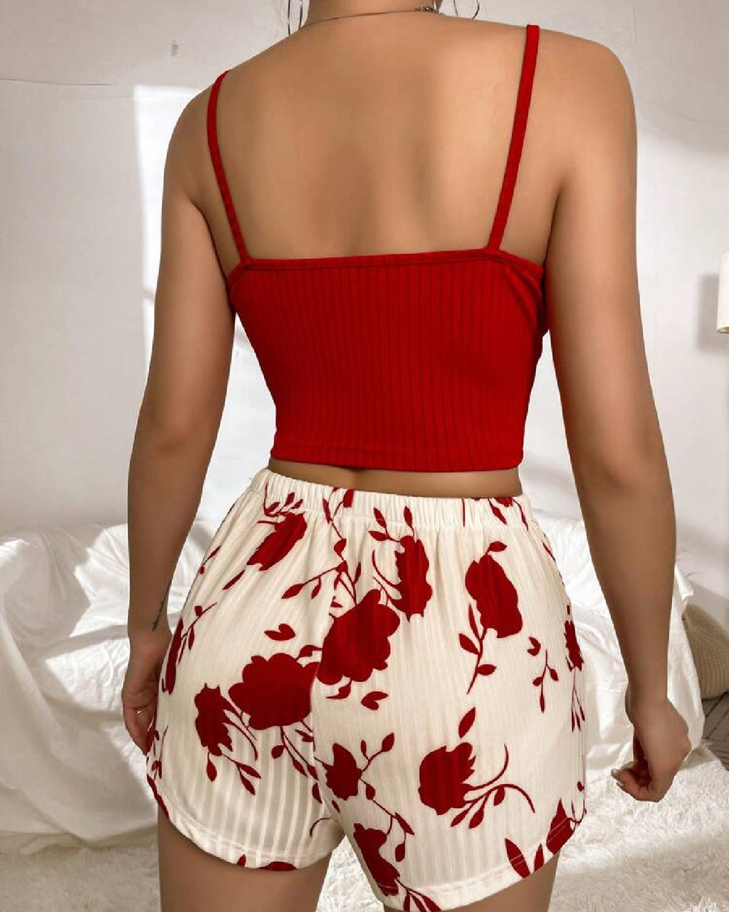 Floral Print Cami And Shorts Set Back - Bespose