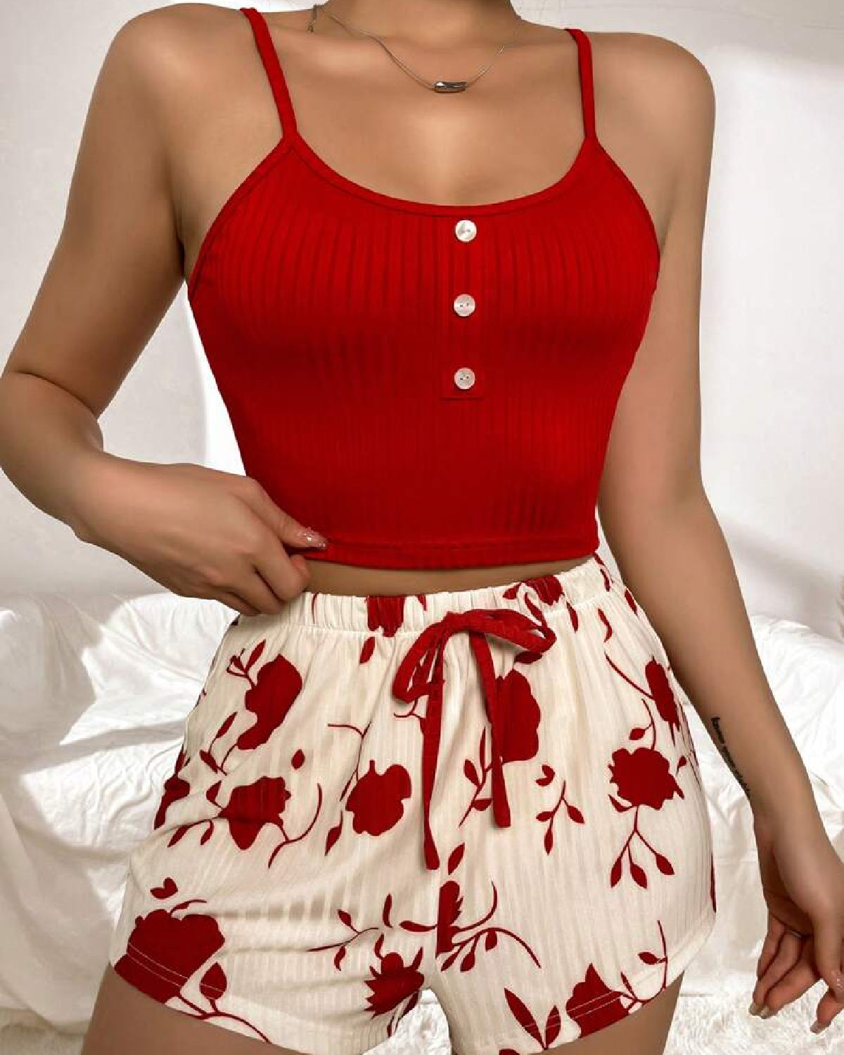 Floral Print Cami And Shorts Set Front - Bespose