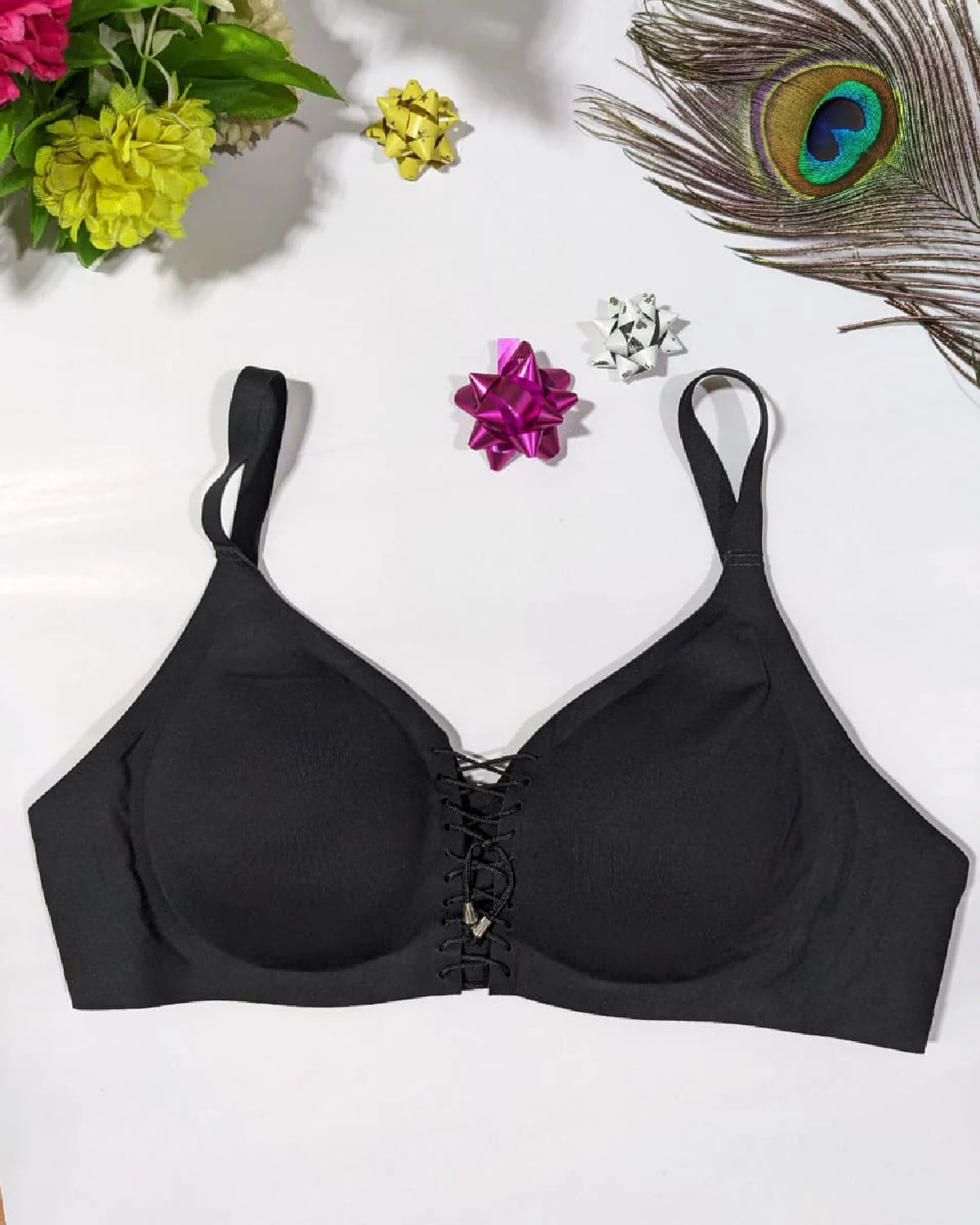 Front Lace Up Seamless Padded Bra Black - Bespose