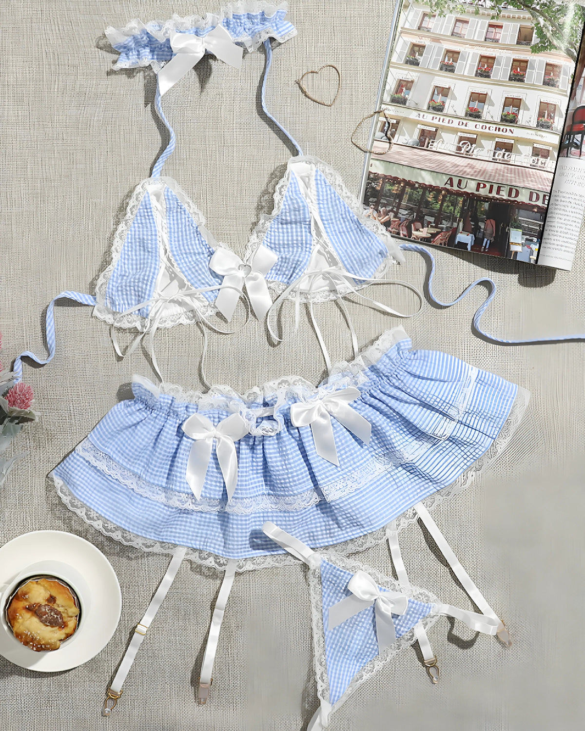 Gingham Lace Trim Garter Maid Costume Front -Bespose