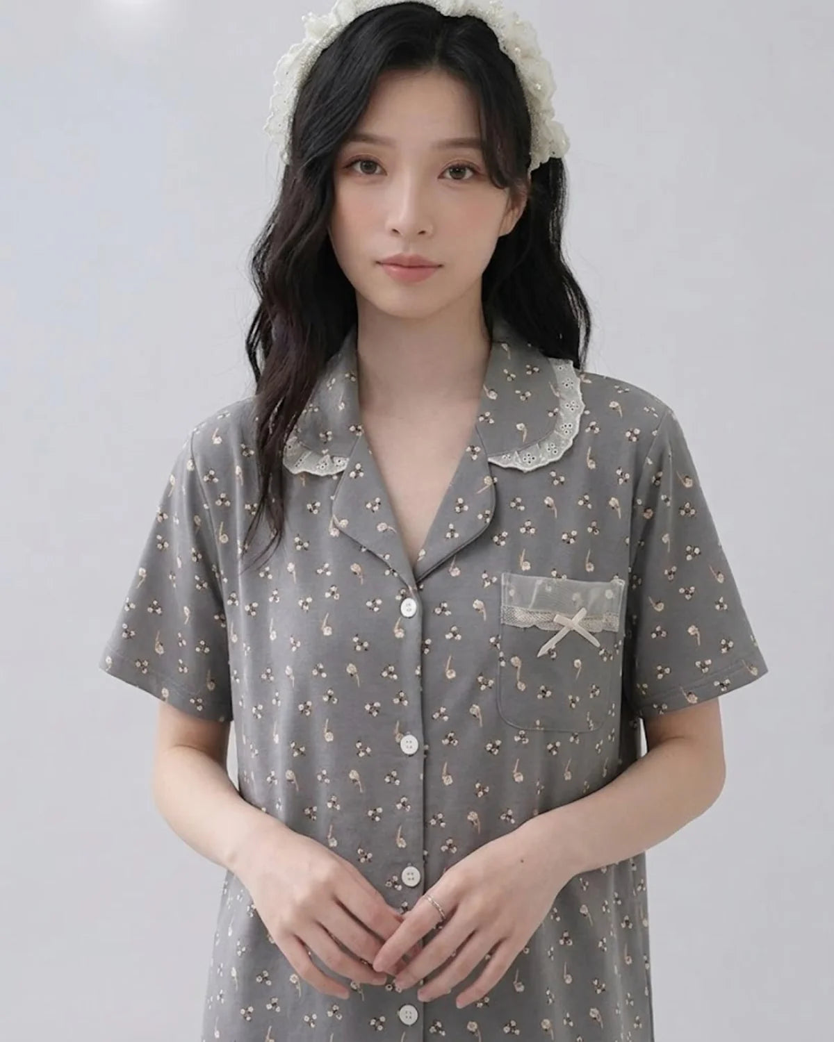 Grey 2 Piece Printed Cotton PJ Set Closeup - Bespose