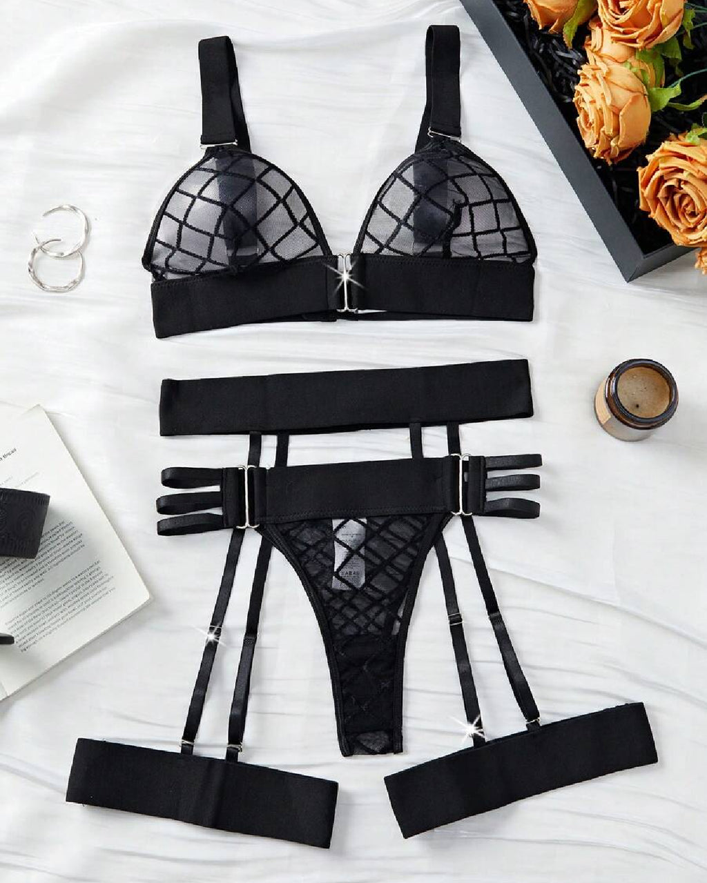 Mesh Strappy Garter Lingerie Set Black - Bespose