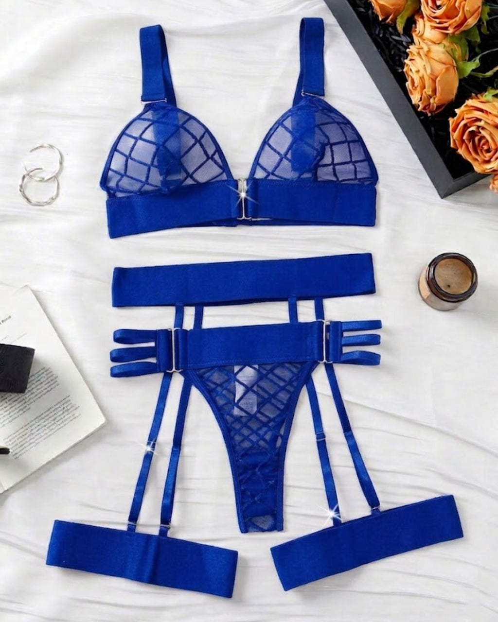 Mesh Strappy Garter Lingerie Set Blue - Bespose