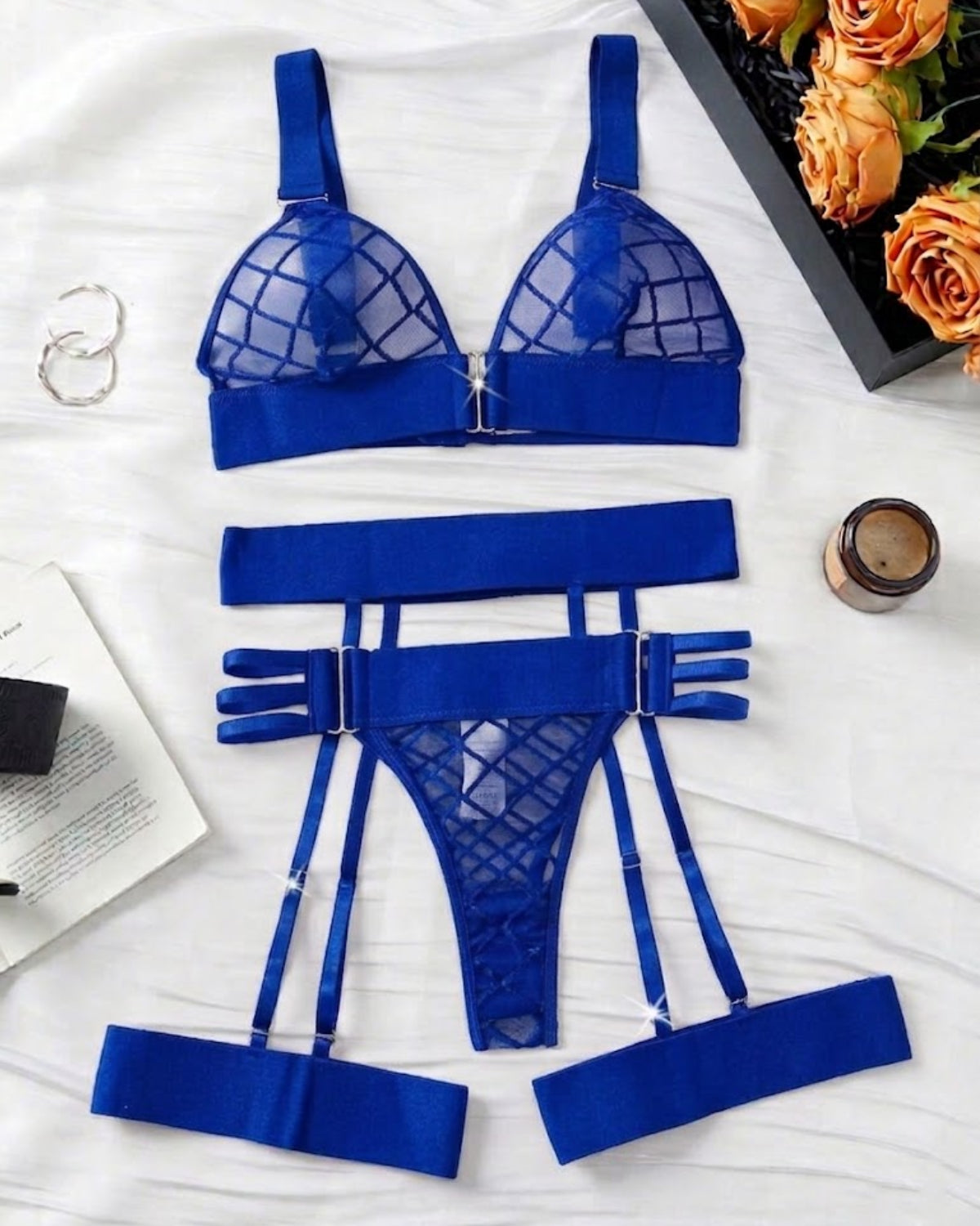 Mesh Strappy Garter Lingerie Set Blue - Bespose