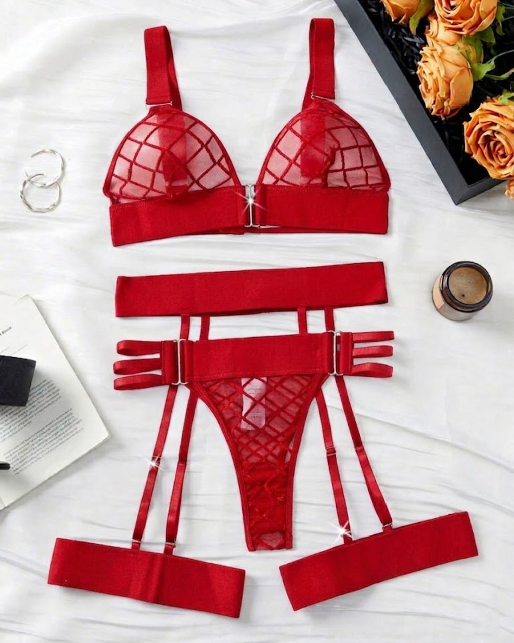 Mesh Strappy Garter Lingerie Set Red - Bespose