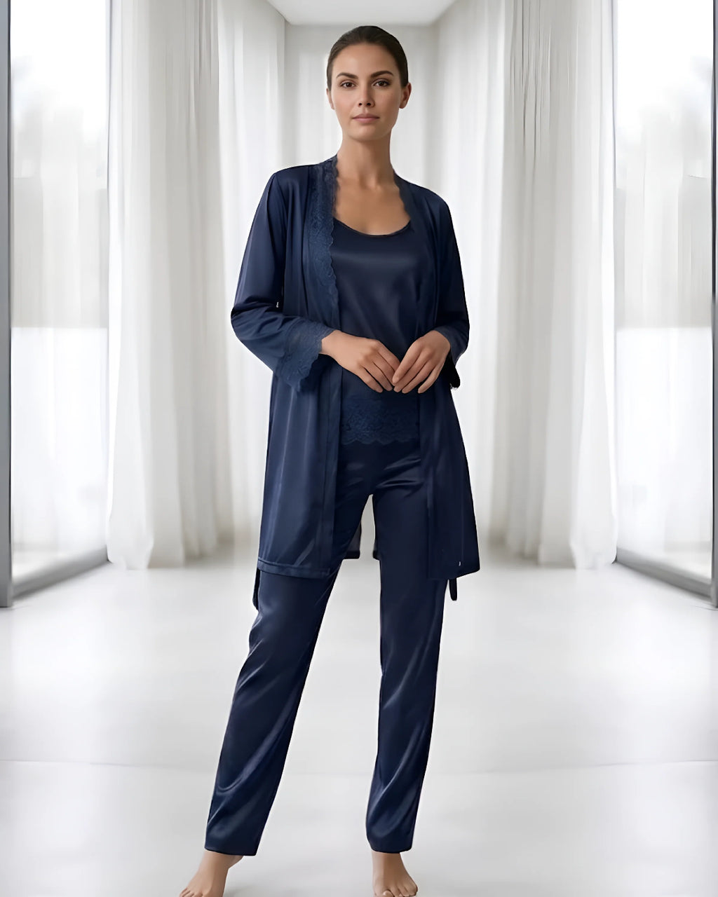 Navy Blue Intimate 3 Piece Silk Nighty Set Front - Bespose