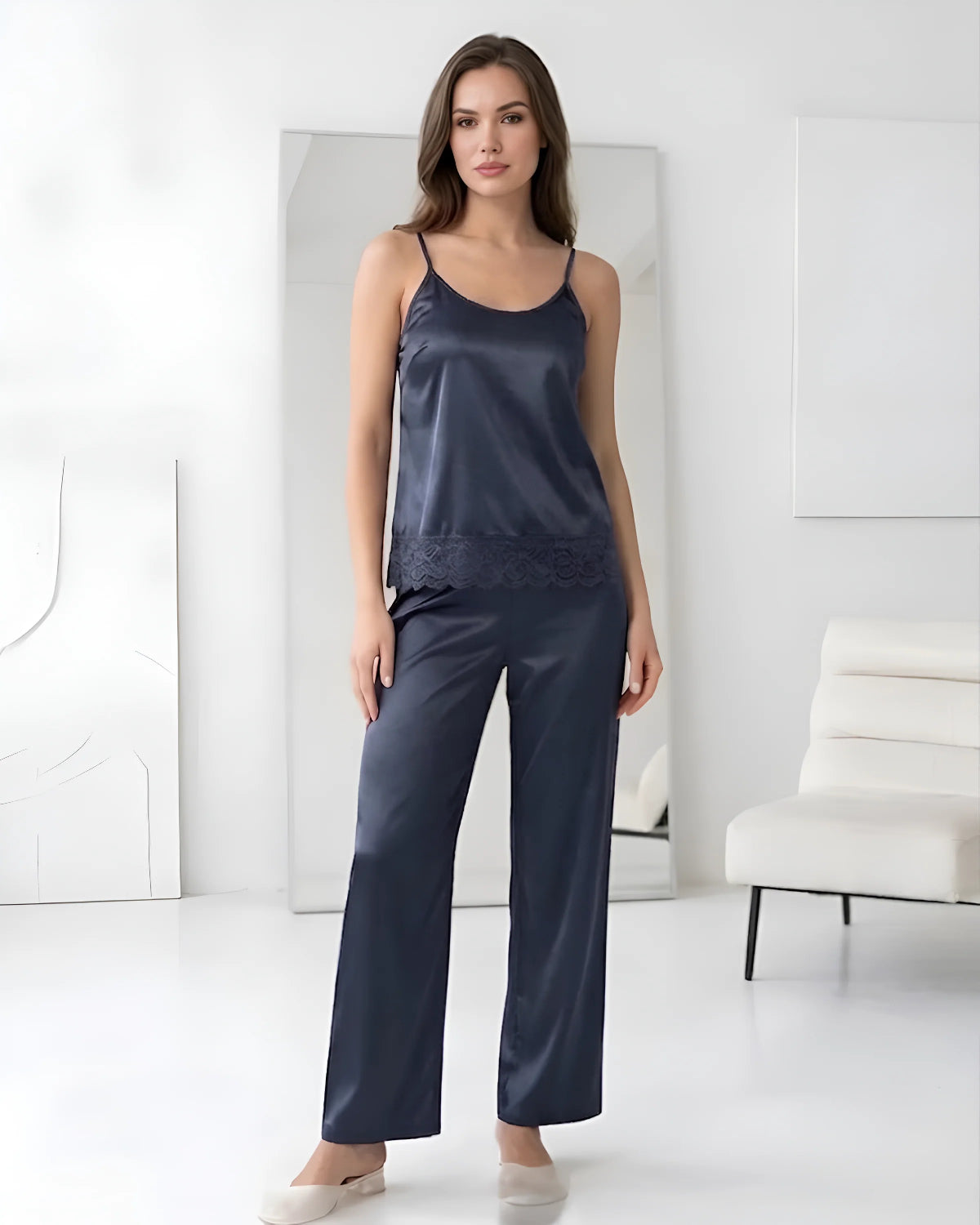 Navy Blue Intimate 3 Piece Silk Nighty Set Front Side - Bespose