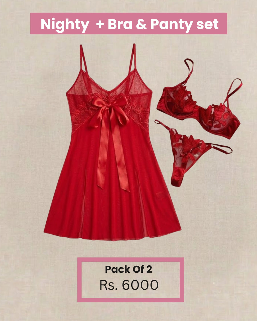 Pack Of 2 Nighty Embroidery Bra And Panty Set In Pakistan - Bespose