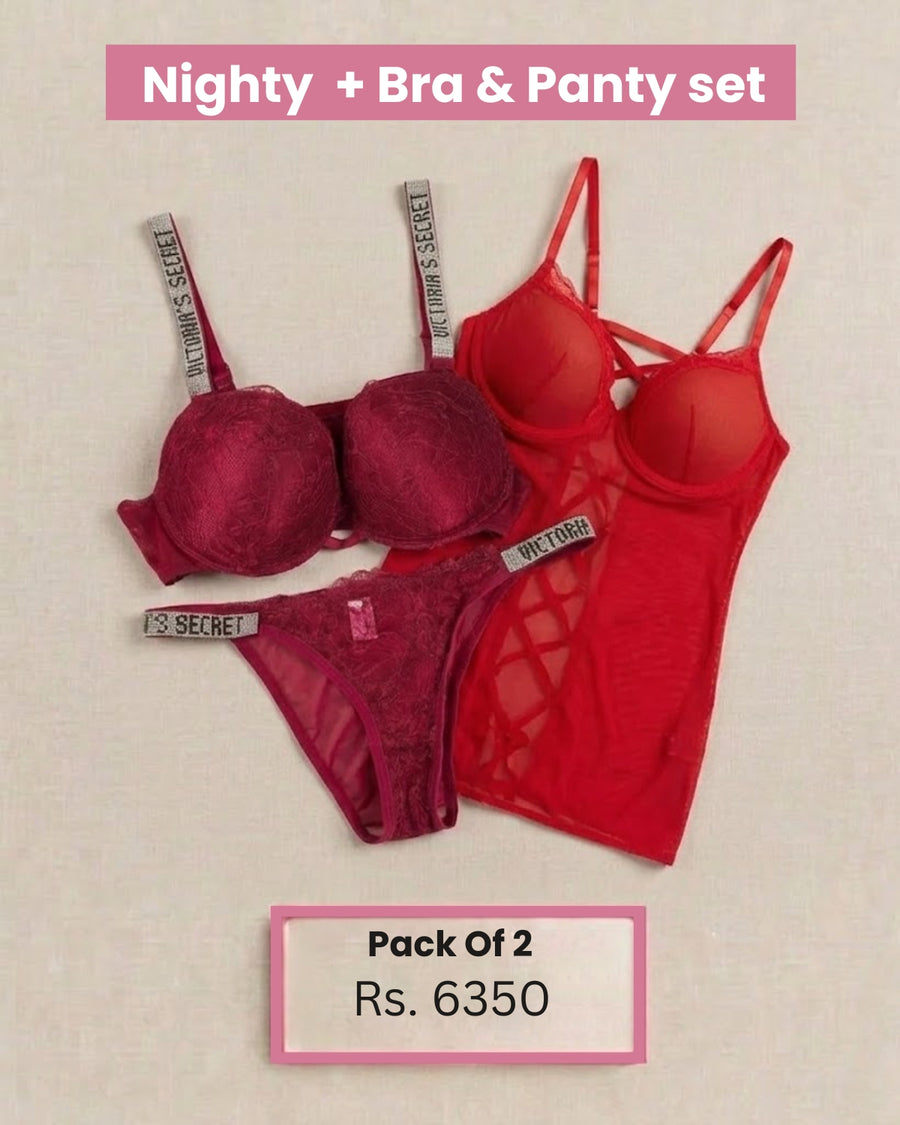 Pack of 2 Bra and panty nighty Set - Bespose