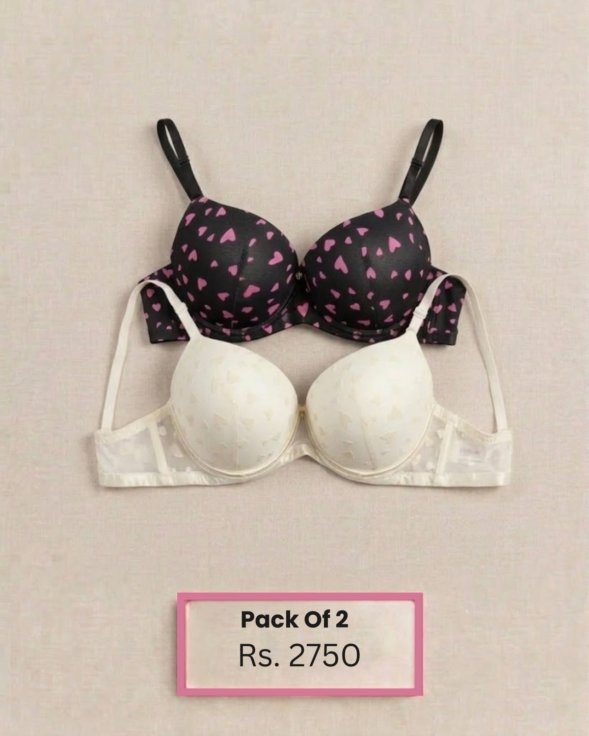Pack of 2 Heart Print PushUp Bra - Bespose