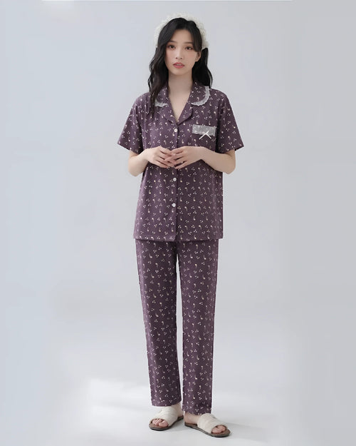 Purple 2 Piece Printed Cotton PJ Set - Bespose