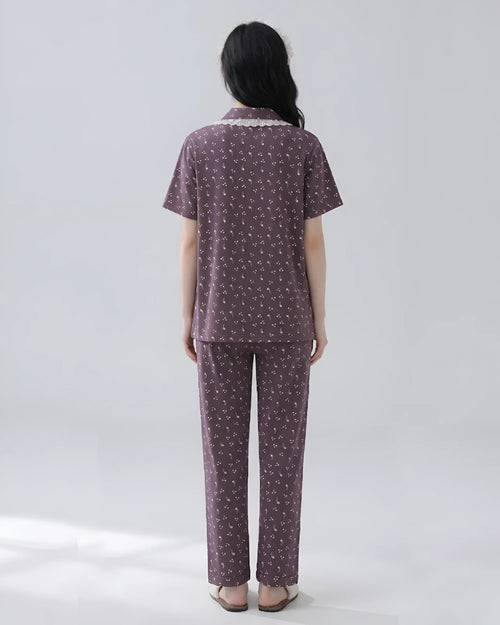 Purple 2 Piece Printed Cotton PJ Set Back - Bespose