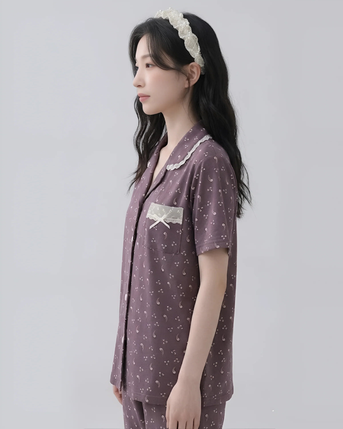 Purple 2 Piece Printed Cotton PJ Set Closeup - Bespose