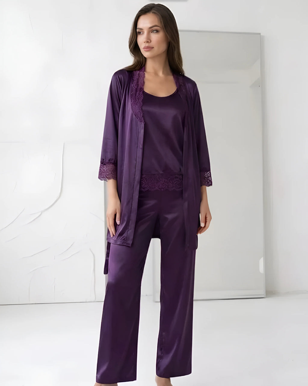 Purple Intimate 3 Piece Silk Nighty Set Front - Bespose