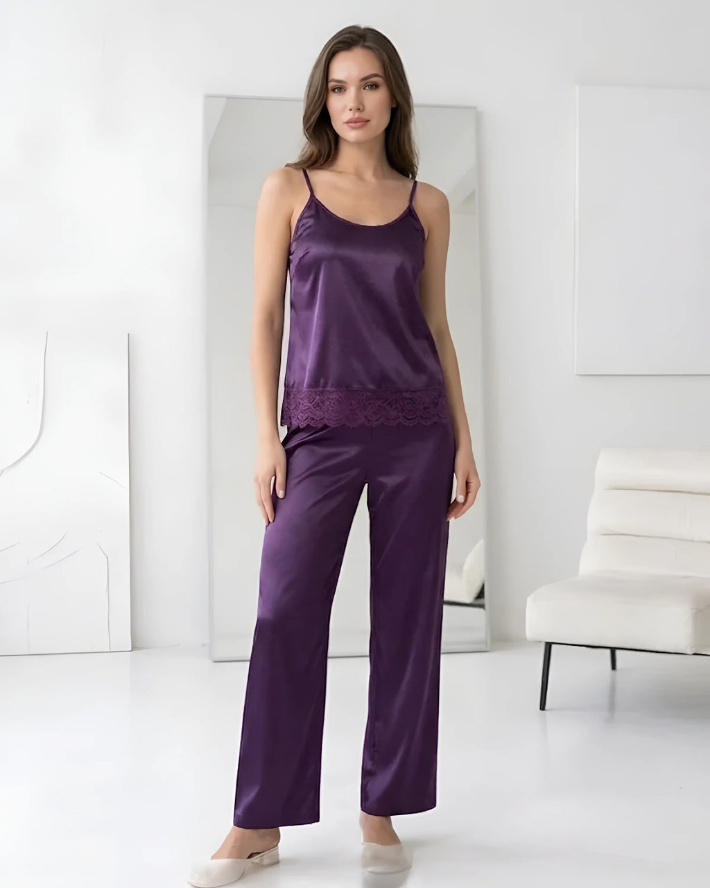 Purple Intimate 3 Piece Silk Nighty Set Front Side - Bespose