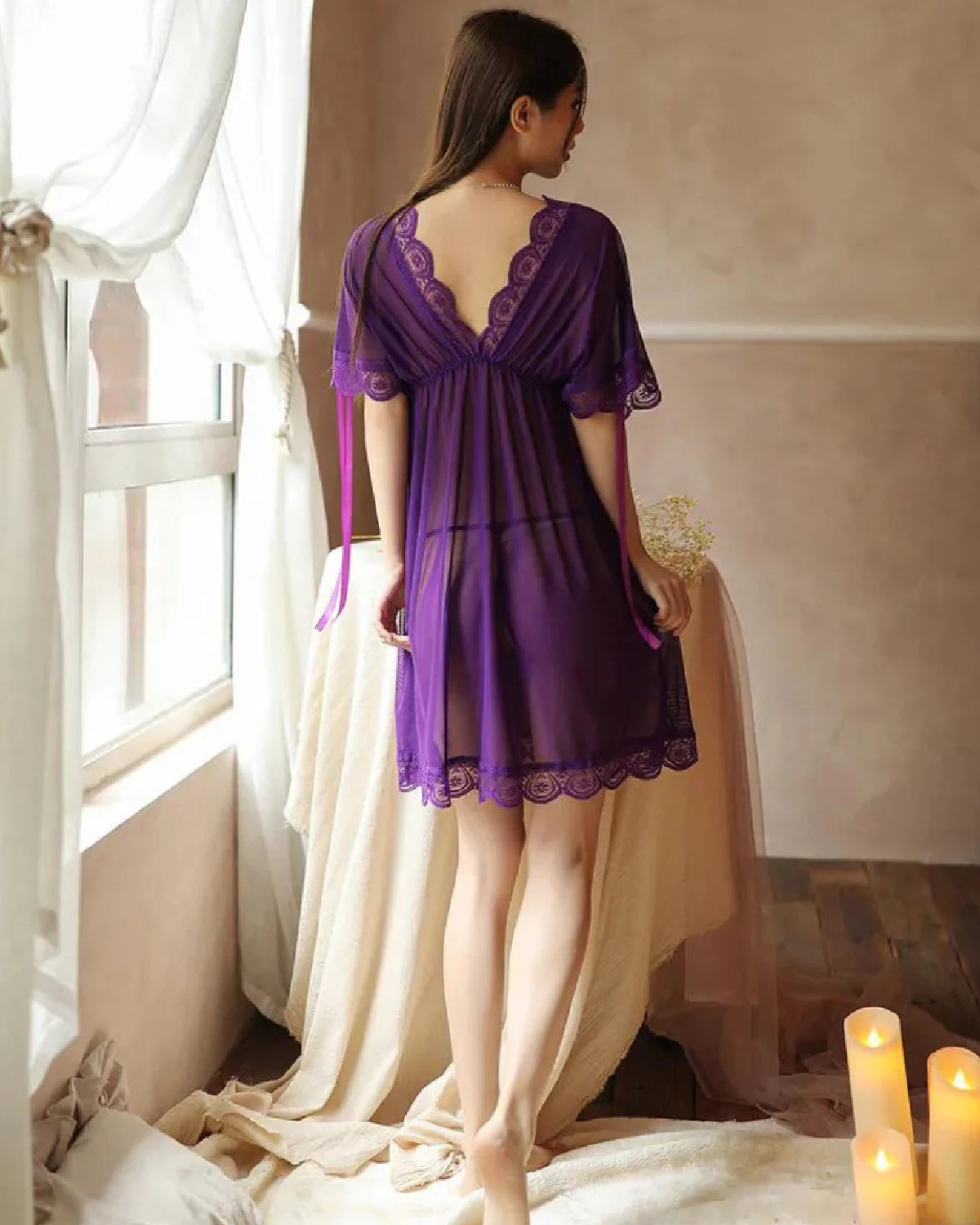 Purple Soft Silk Lingerie Nighty Back - Bespose