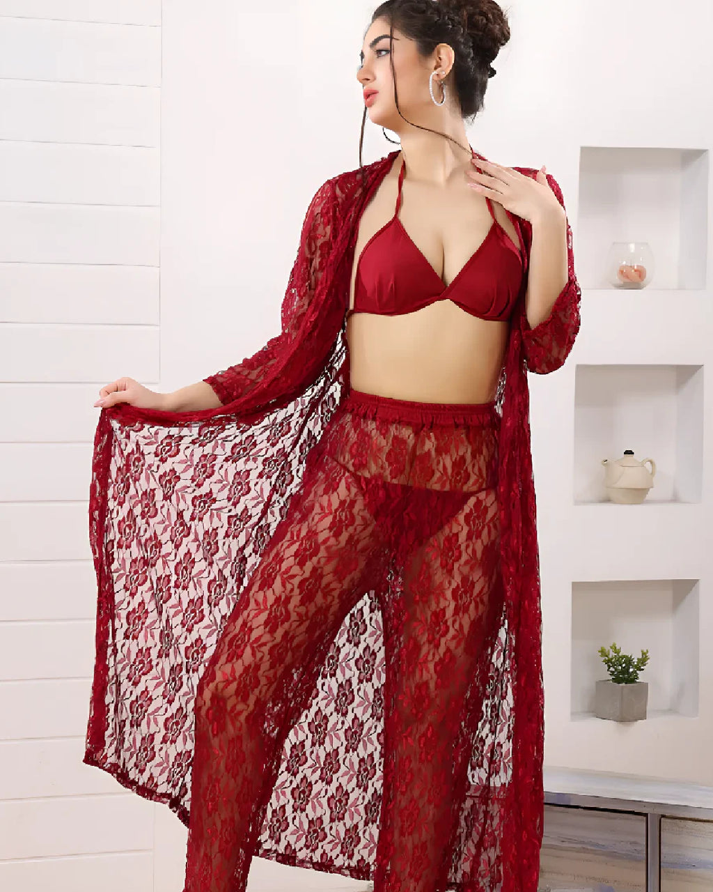 Red 4Pcs Bridal Nighty Dress - Bespose