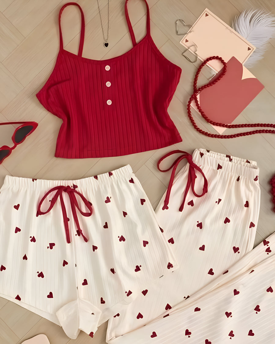Red And Cream Women 3 Piece Heart Short Pj Set - Bespose