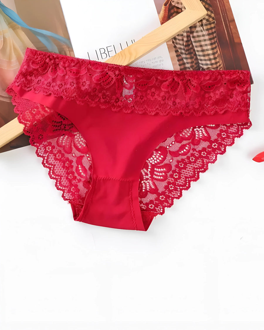 Red Fan Lace Sheer Half Net Cotton Panty - Bespose