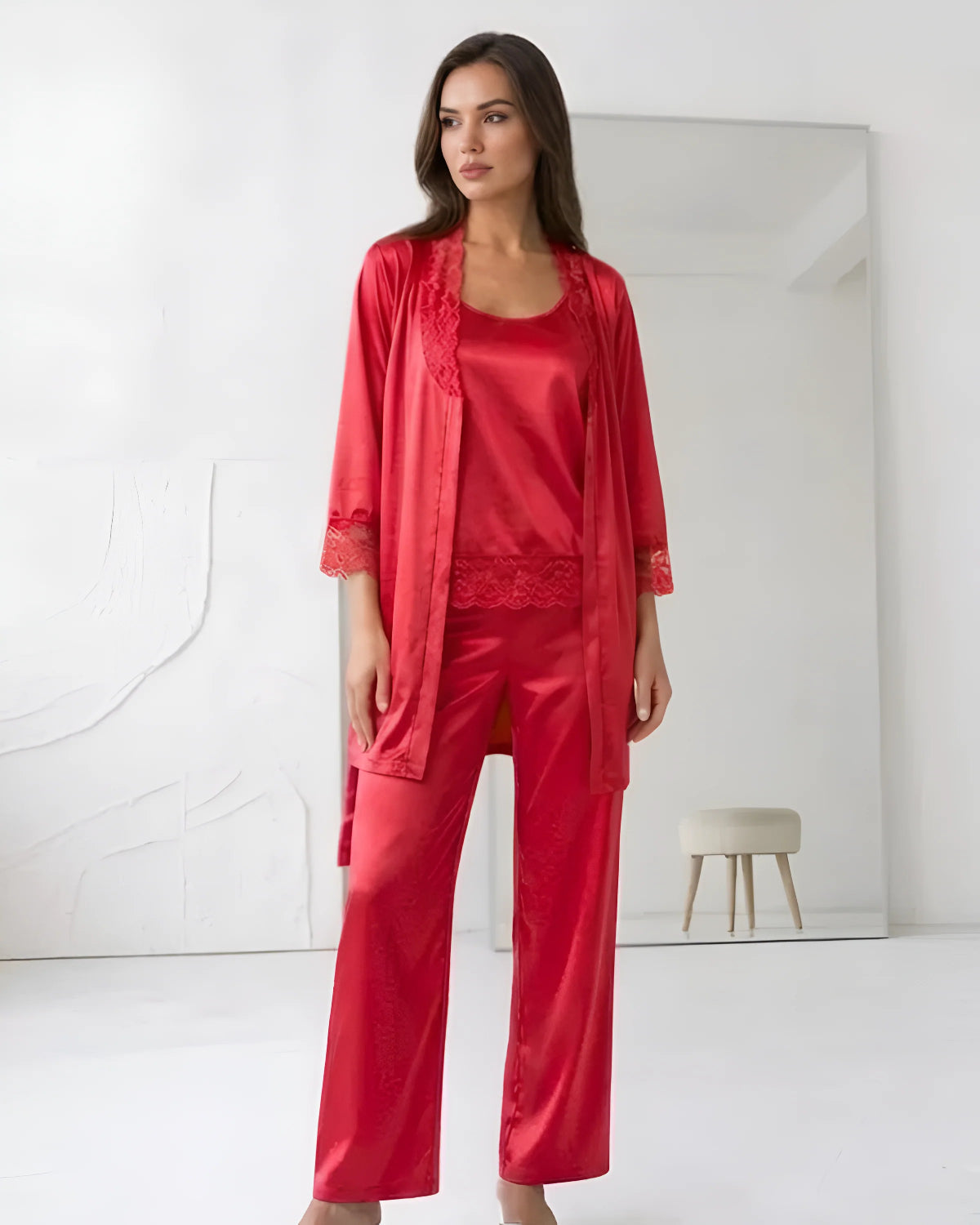 Red Intimate 3 Piece Silk Nighty Set Front - Bespose