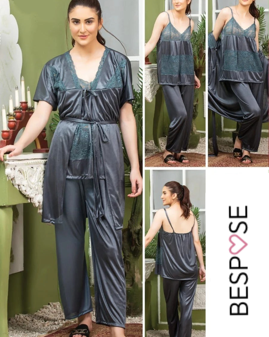 Roses Luxury 3 Piece Pajama Nightwear Set Grey - Bespose