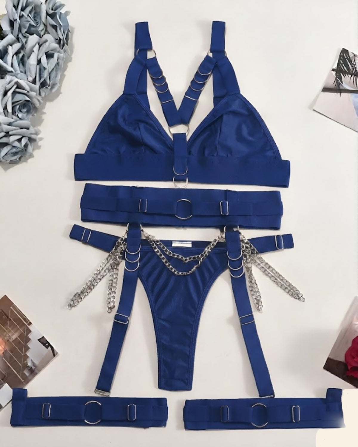 SOLY HUX 5Pcs Chain Linked Harness Garter Lingerie Blue - Bespose