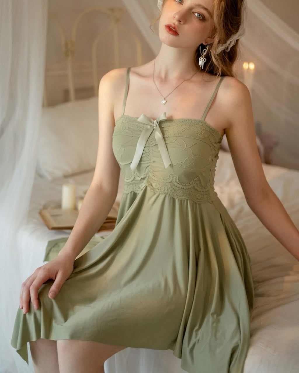 Sexy Bow knot Lace Trim Nightdress Green  - Bespose