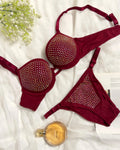 Sparkly Rhinestone Bra Panty Set Red - Bespose