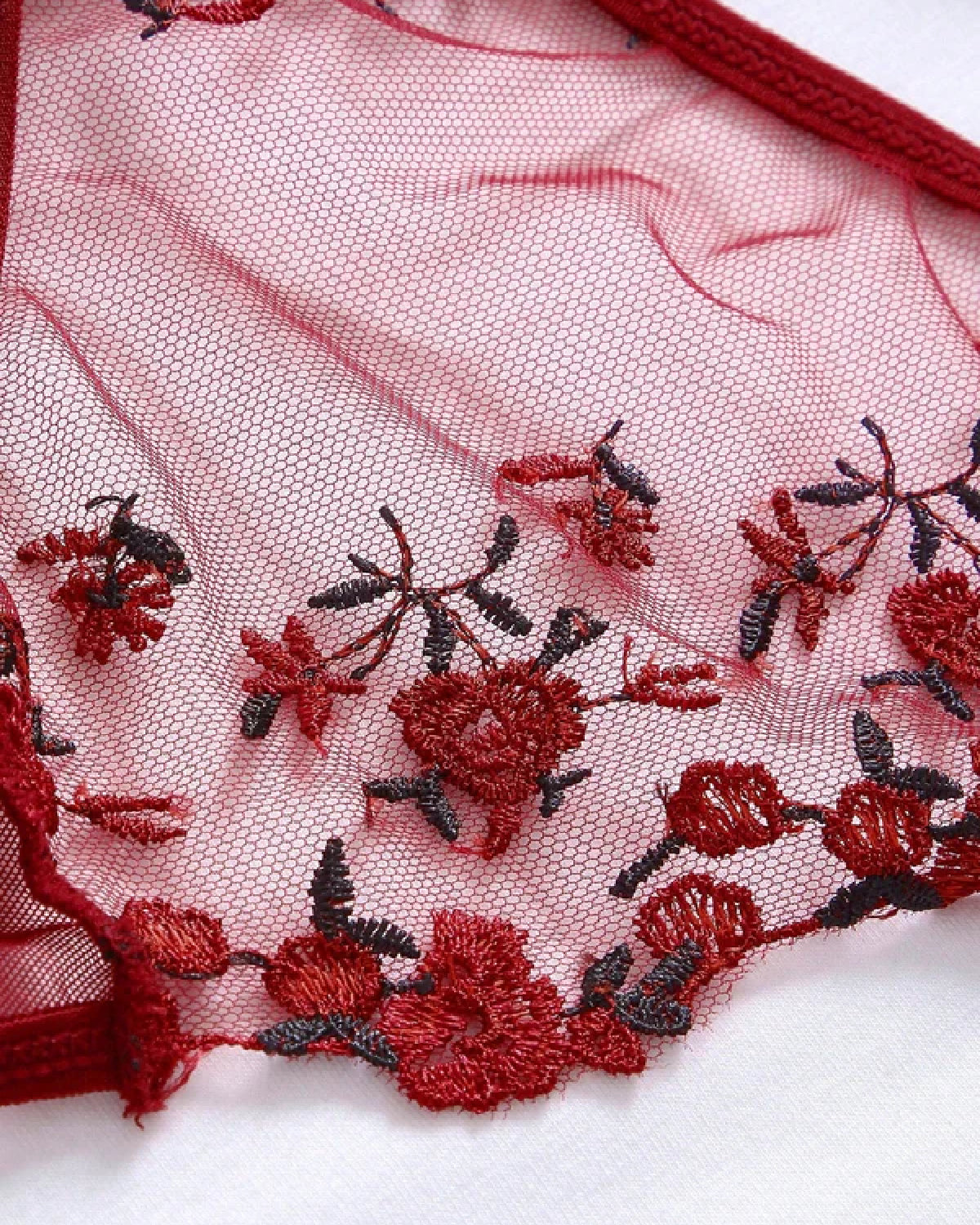 Turkish Mesh Bra Panty Lingerie Set Red Closeup - Bespose