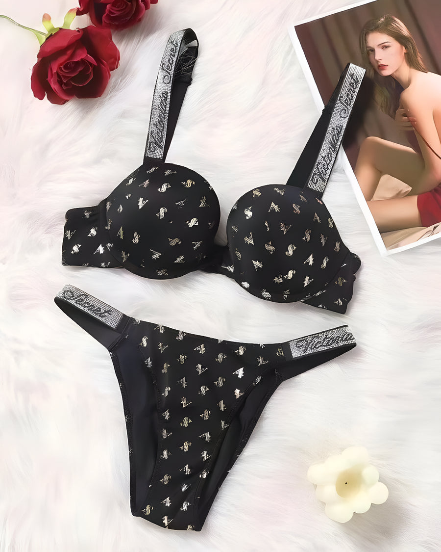 VS Gold written lingerie Set-Black - Bespose