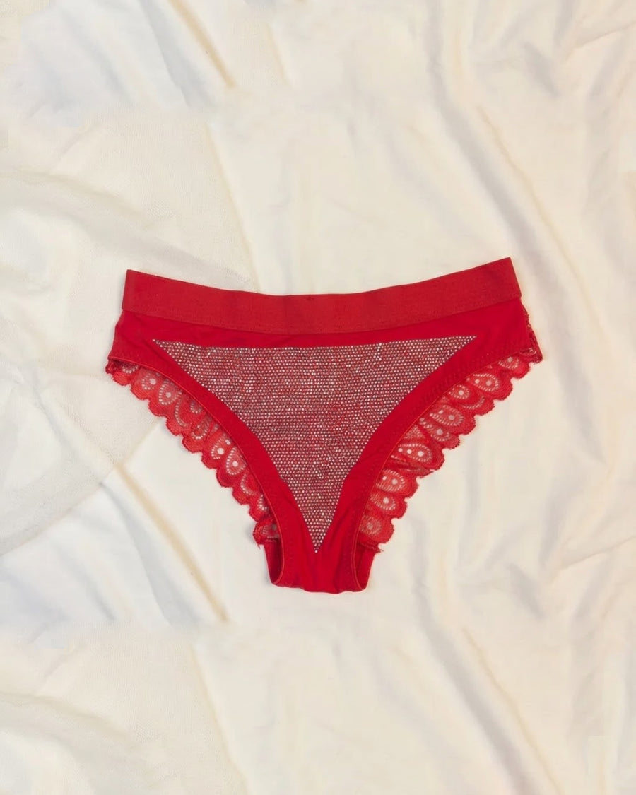 Women lace Shiny Rhinestone Panty Red - Bespose
