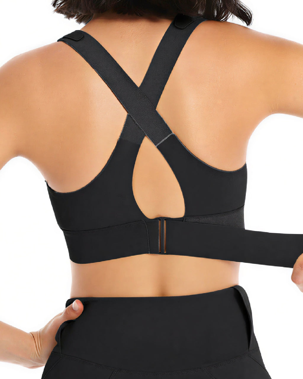 Womens Zipper Front High Strength Sports Black Bra Back - Bespose