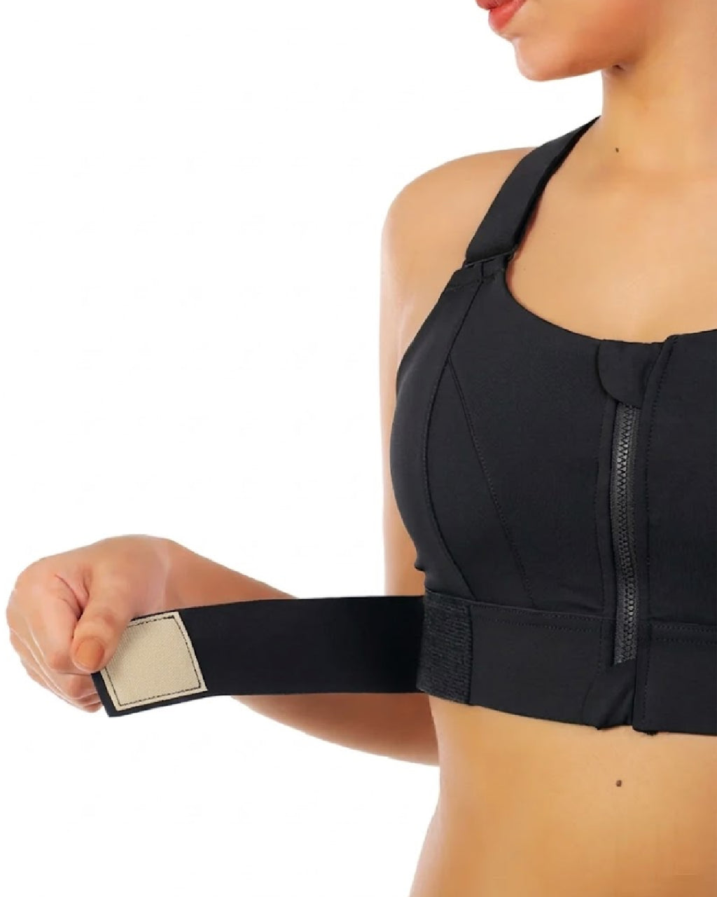 Womens Zipper Front High Strength Sports Black Bra Side - Bespose