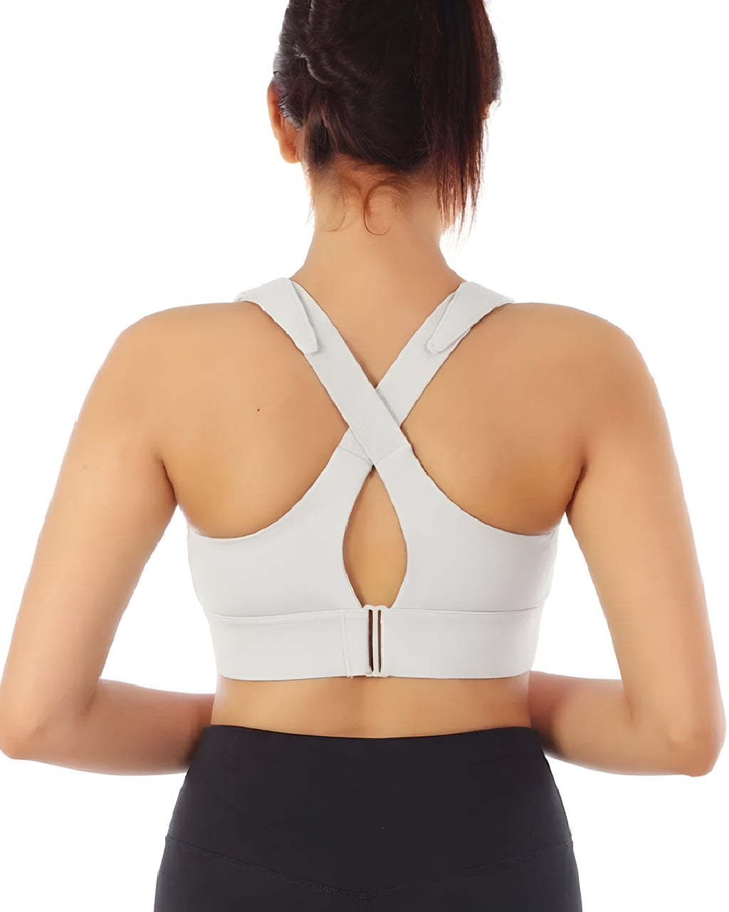 Womens Zipper Front High Strength Sports Off White Bra Back - Bespose