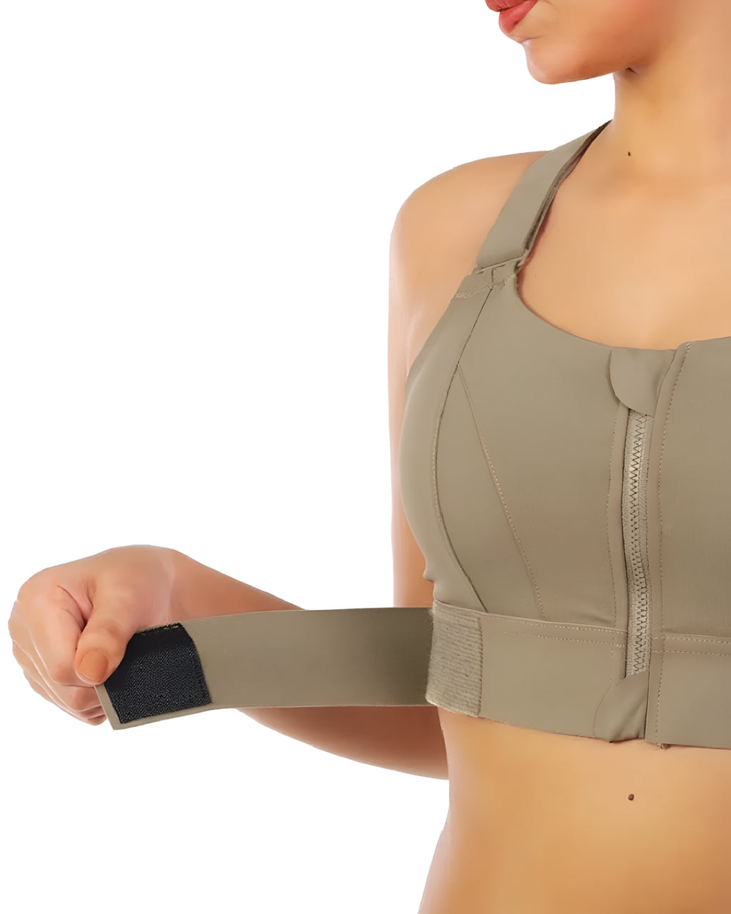 Womens Zipper Front High Strength Sports Sage Green Bra Side - Bespose