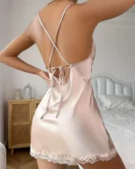 1pc Elegant Lace Trim Silk Nightgown Back
