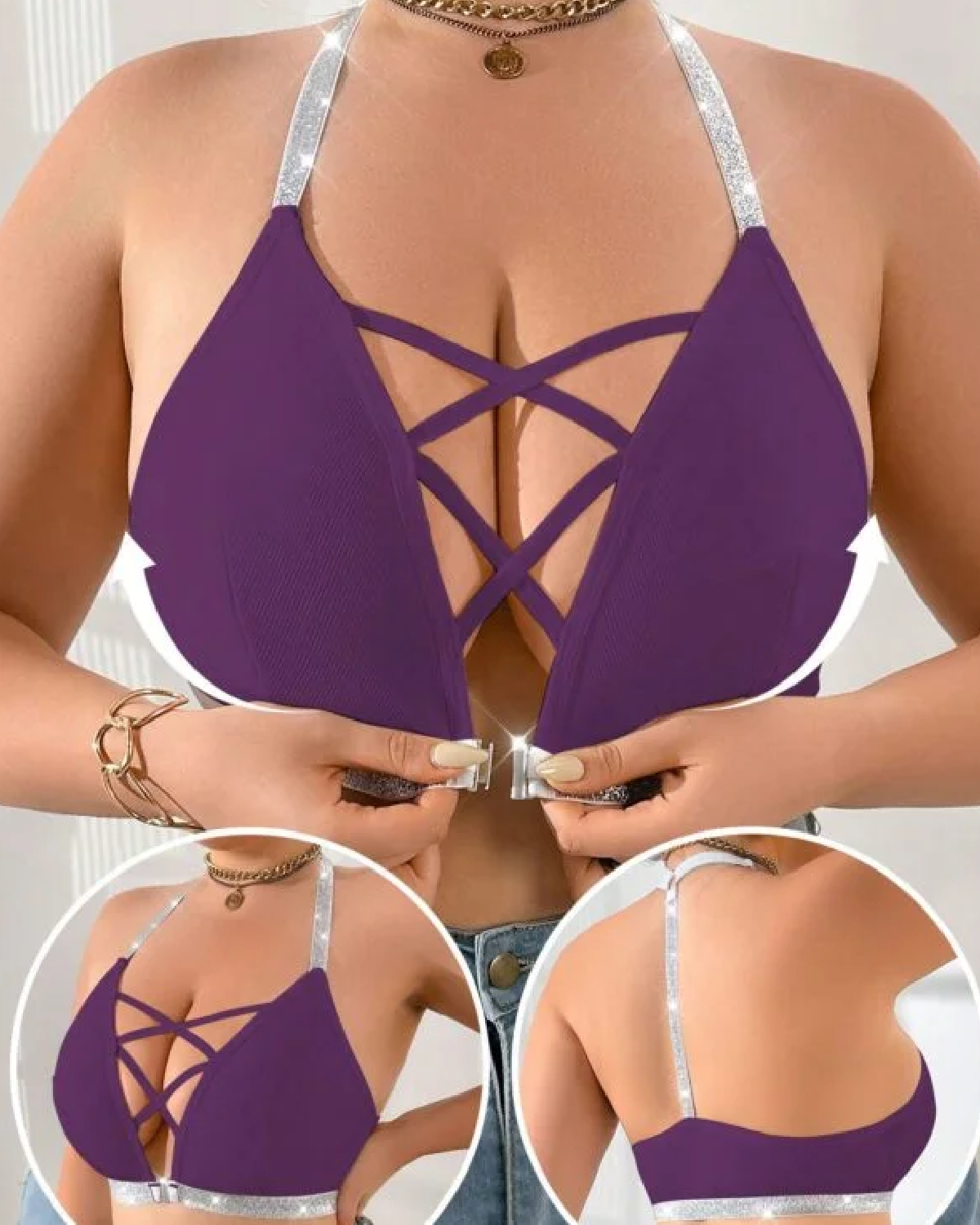 1pc Front Button Closure Plus Size Wireless Bra Purple