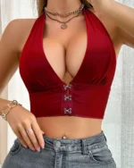 1pc Front Closure Halter Straps Wireless Bra For Women Red